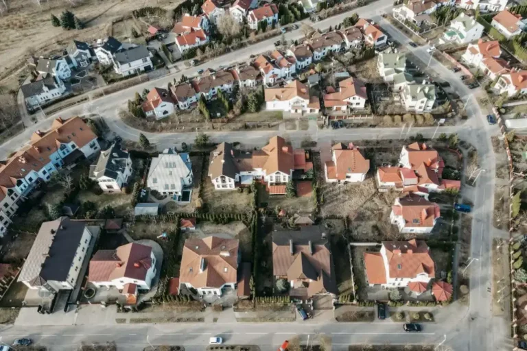 Aerial view of residential properties showing freehold and leasehold land