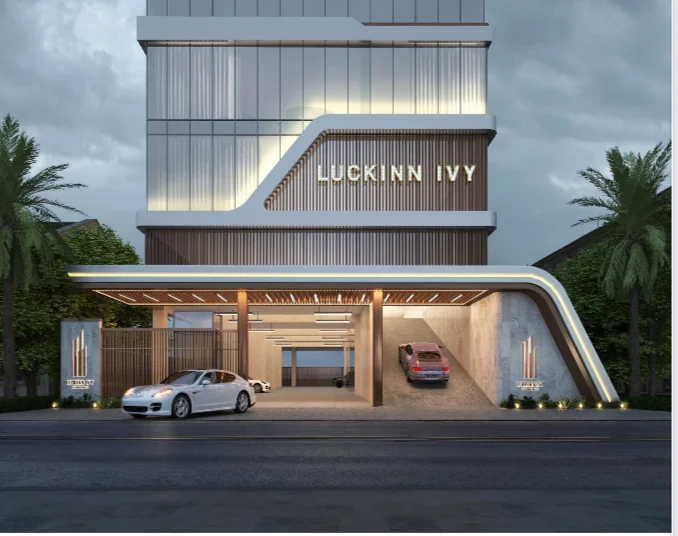 Luckinn Ivy Residence exterior entrance with illuminated signage and covered drop-off on Mogotio Road Westlands Nairobi