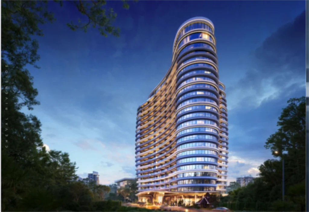 Cheval Riverside 23-storey yacht-inspired luxury tower exterior render at dusk surrounded by mature trees on Riverside Drive Nairobi