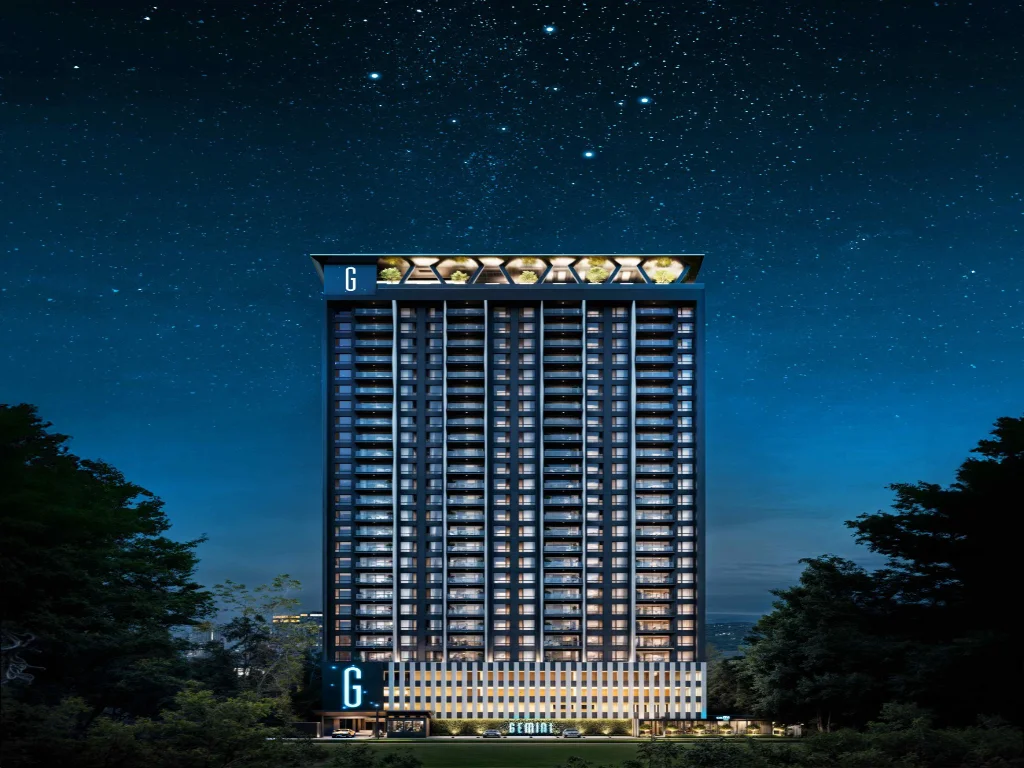 Gemini Residency 29-floor off-plan apartment tower exterior night render on Matundu Lane Brookside Westlands Nairobi