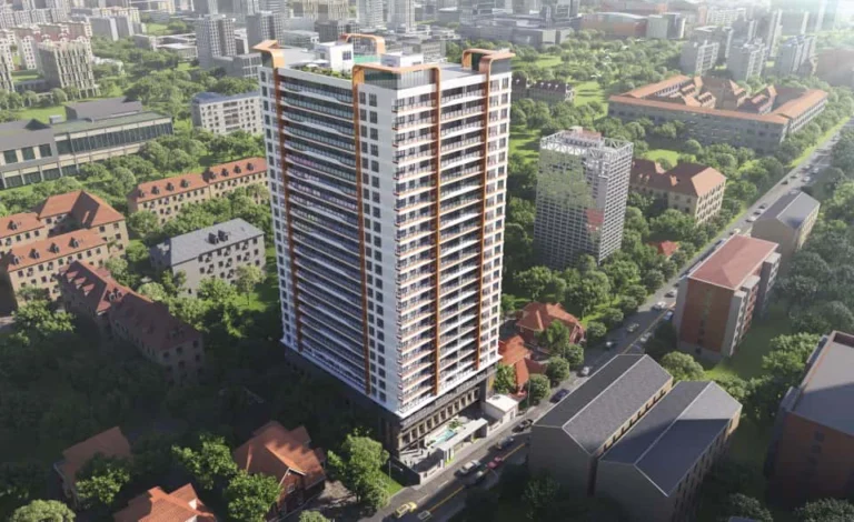 "Aerial view of Luster Arbor Residency tower in Kileleshwa showing modern residential architecture, mixed-use urban development, landscaping, and prime Nairobi location"