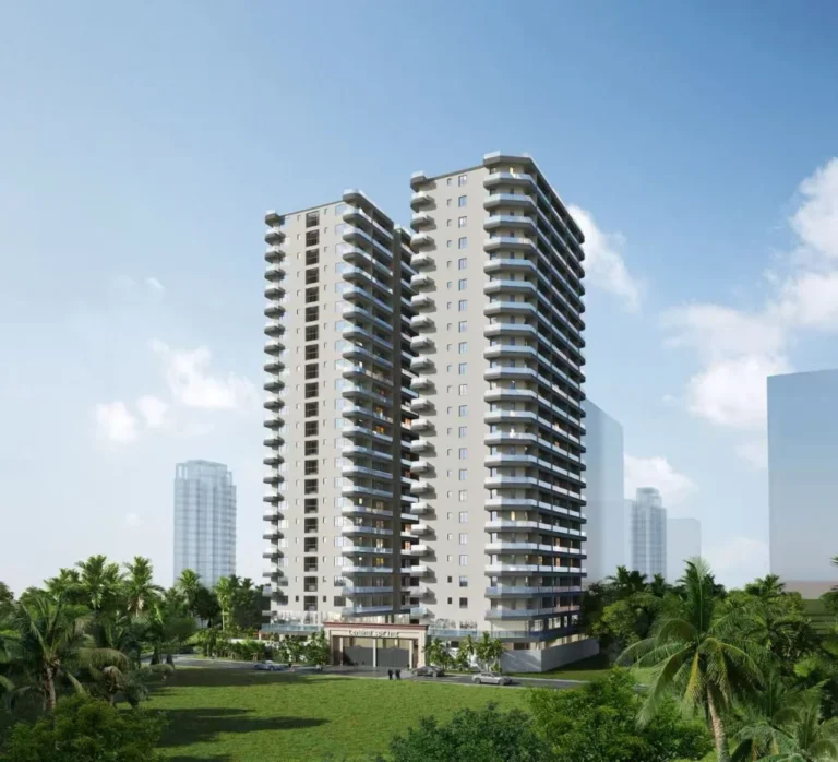 "Lenana Springs Garden residential tower in Kilimani Nairobi showing modern dual-tower architecture, landscaped grounds, contemporary glass facade, green spaces, and urban garden setting"