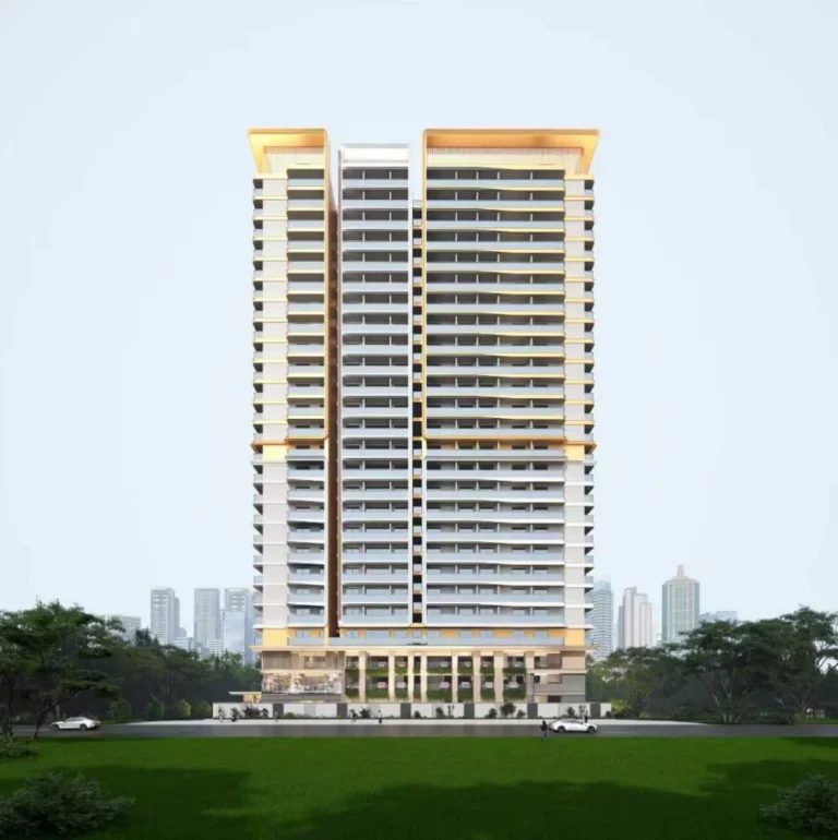 "Luna Oak Residency residential tower in Kilimani showing modern multi-story architecture, glass balconies, mixed materials, golden architectural accents, green grounds, and contemporary urban design"