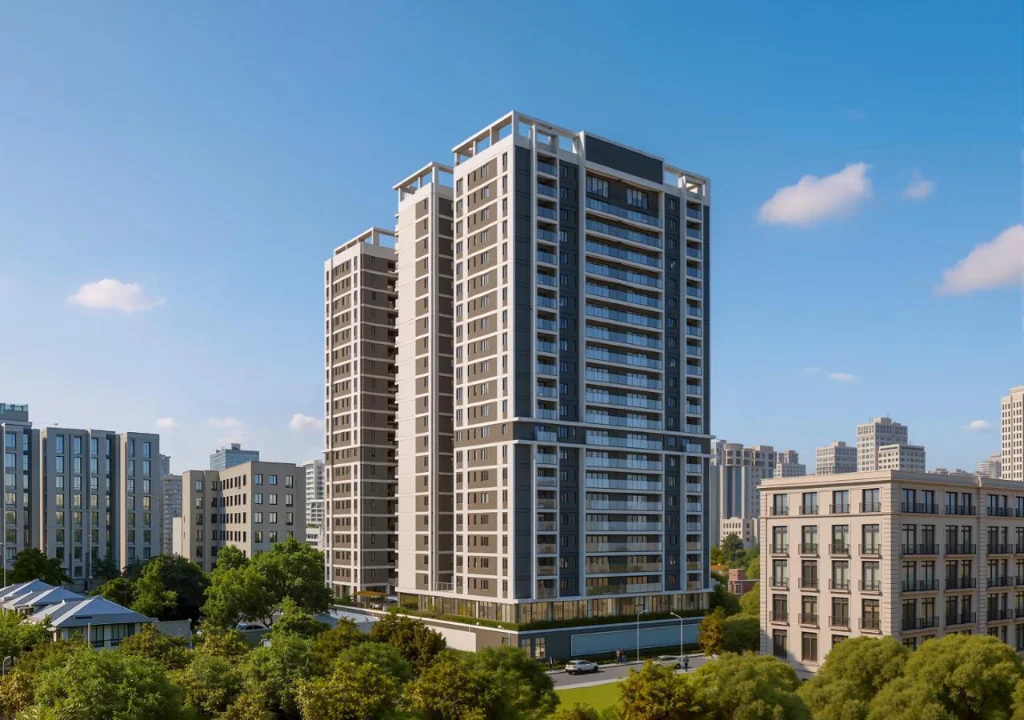 "Crystal Oak Residency residential tower in Kileleshwa showing modern mixed-material architecture, glass balconies, curved design elements, urban garden setting, and contemporary skyline integration"