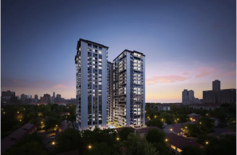 "Riara Oasis Residency twin towers in Lavington showing modern residential architecture, illuminated units at dusk, contemporary facade design, landscaped grounds with evening lighting, and urban Nairobi skyline views"