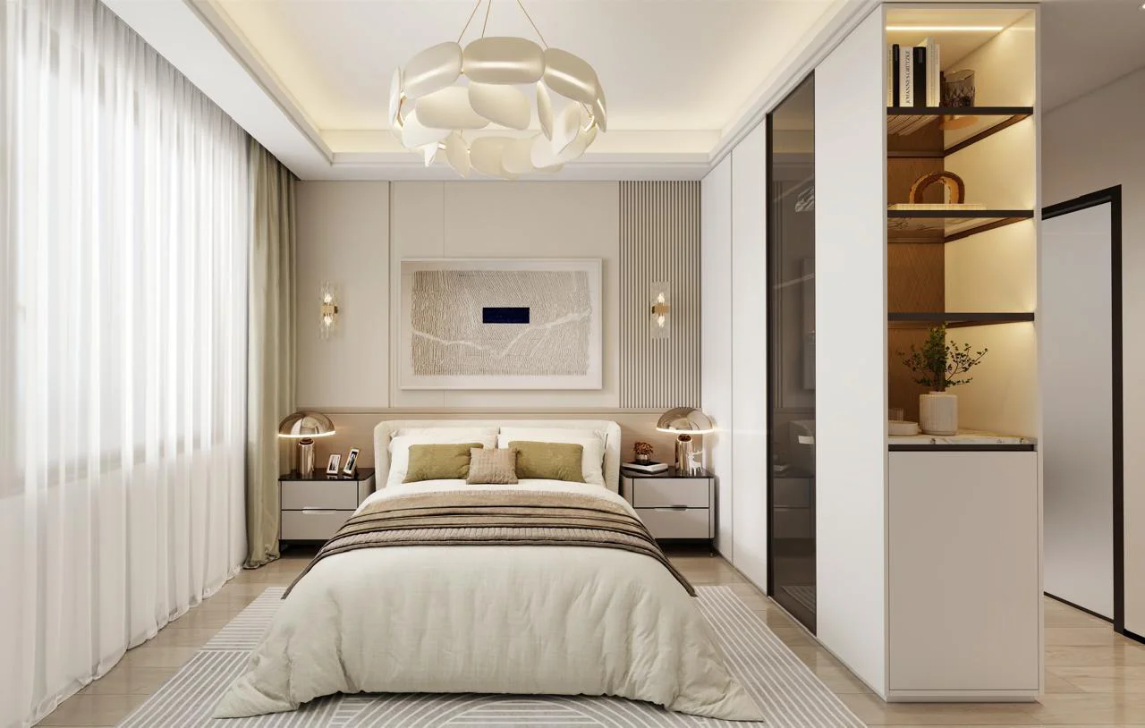 Bedroom with built-in wardrobe and display shelving at Capital Vista, Kilimani Nairobi