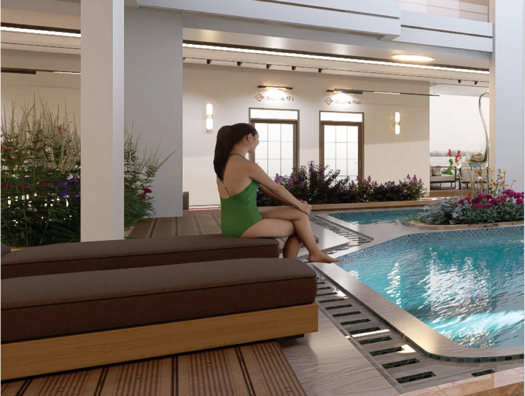 Indoor swimming pool lounge area at Capital Vista Kilimani apartments, Nairobi