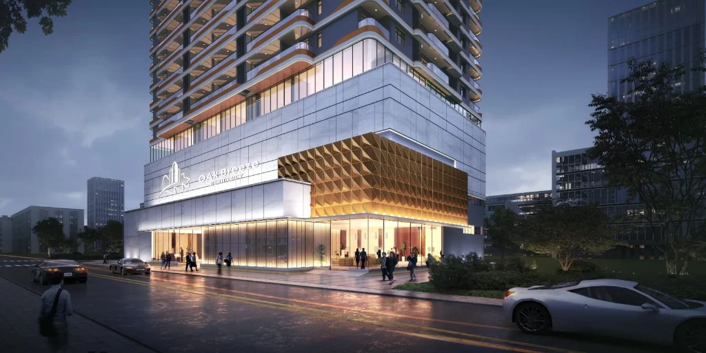 Oak Breeze Residency exterior at night