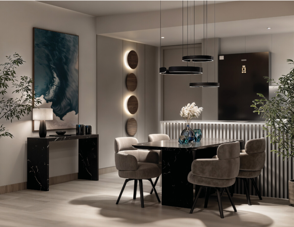 "Contemporary dining area in Montbleu Westlands featuring black marble desk, pendant lights, white flowers, sculptural decor, and neutral color palette with geometric wall accents"