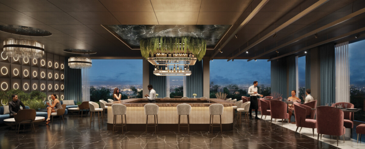 "Premium sky lounge at Montbleu Westlands with panoramic city views, elegant bar seating, contemporary pendant lights, mixed seating arrangements, and evening ambiance"