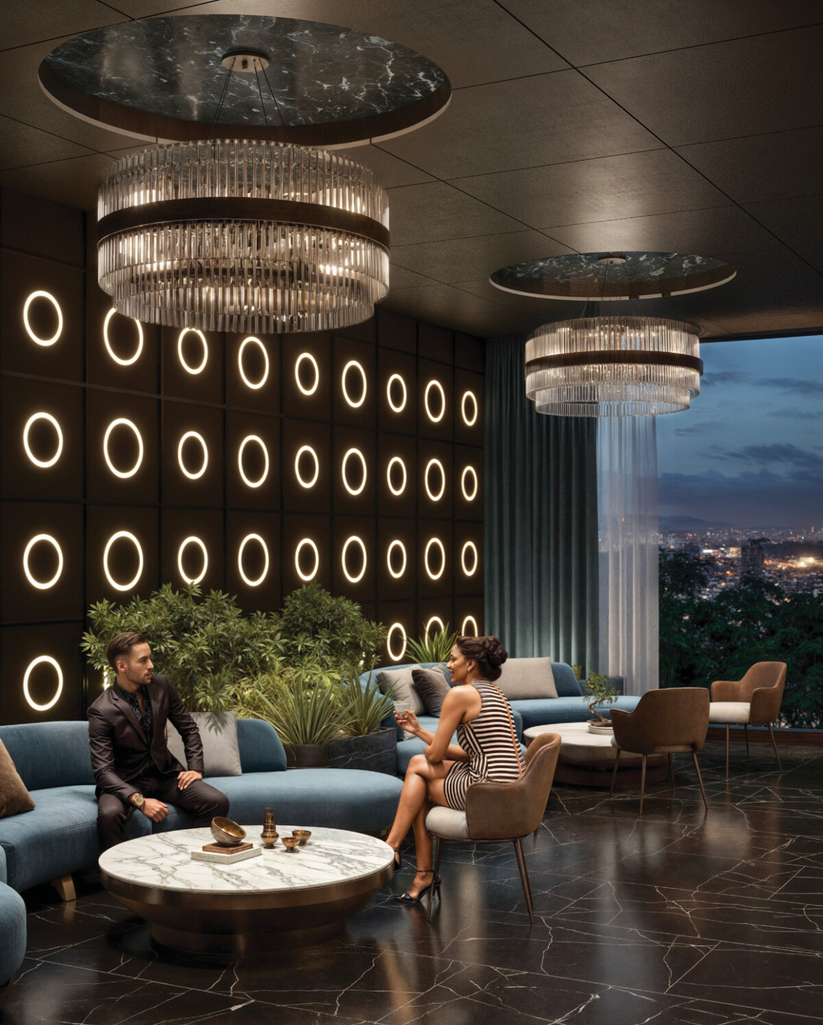 "Upscale lounge at Montbleu Westlands with neon circular lighting design, blue seating, modern chandeliers, living wall accent, marble flooring, and evening skyline views"