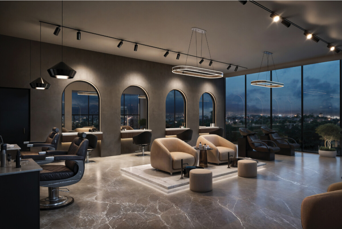 "Premium salon and wellness space at Montbleu Westlands featuring arched windows, contemporary styling stations, natural lighting, modern furnishings, and city views"